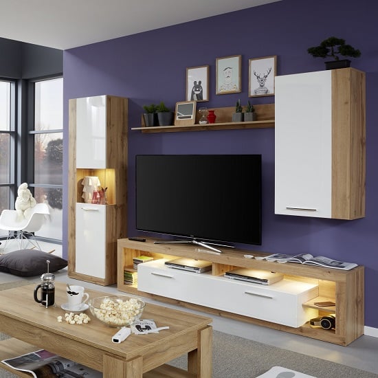 Read more about Monza living room set 5 in wotan oak gloss white fronts led