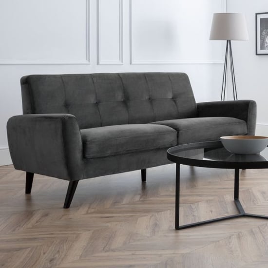 Macia Velvet Upholstered 2 Seater Sofa In Grey With Black Legs