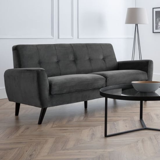 Product photograph of Macia Velvet Upholstered 2 Seater Sofa In Grey With Black Legs from Furniture in Fashion