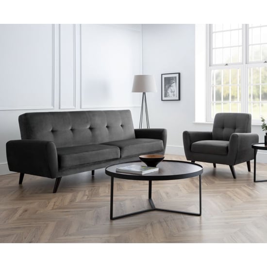 Macia Velvet Upholstered 3 Seater Sofa In Grey With Black Legs
