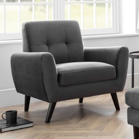 Macia Velvet Upholstered Armchair In Grey With Black Legs