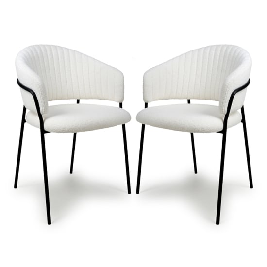 Monza White Boucle Fabric Dining Chairs With Black Legs In Pair