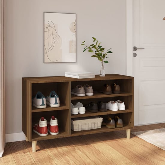 Photo of Monza wooden hallway shoe storage rack in brown oak