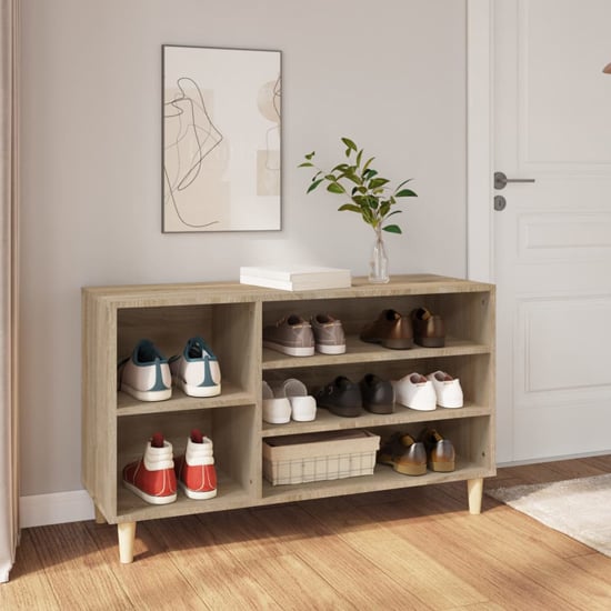 Product photograph of Monza Wooden Hallway Shoe Storage Rack In Sonoma Oak from Furniture in Fashion