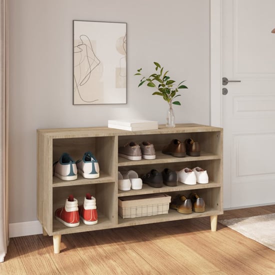 Photo of Monza wooden hallway shoe storage rack in sonoma oak