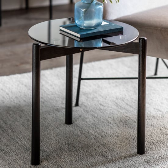 Product photograph of Moraine Smoked Glass Side Table With Black Wooden Base from Furniture in Fashion