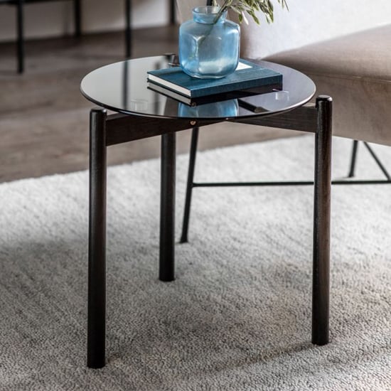 Moraine Smoked Glass Side Table With Black Wooden Base