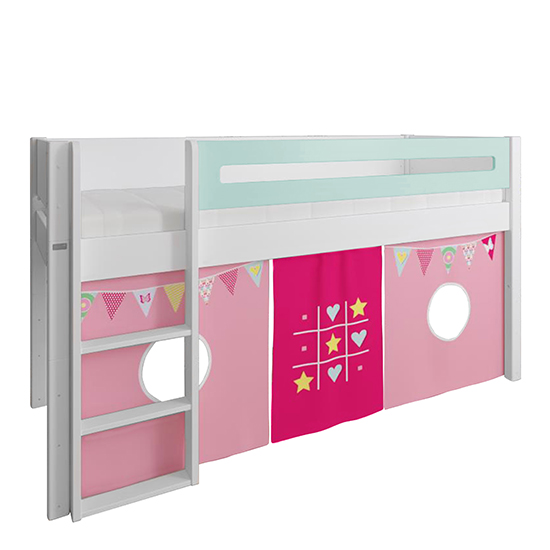 Morden Kids Mid Sleeper Bed In Azur Mint With Bunting Curtain_2