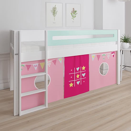 Morden Kids Mid Sleeper Bed In Azur Mint With Bunting Curtain
