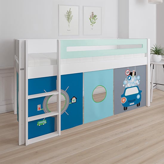 Morden Kids Mid Sleeper Bed In Azur Mint With Carwash Curtain