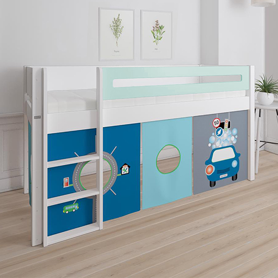 Morden Kids Mid Sleeper Bed In Azur Mint With Carwash Curtain FiF