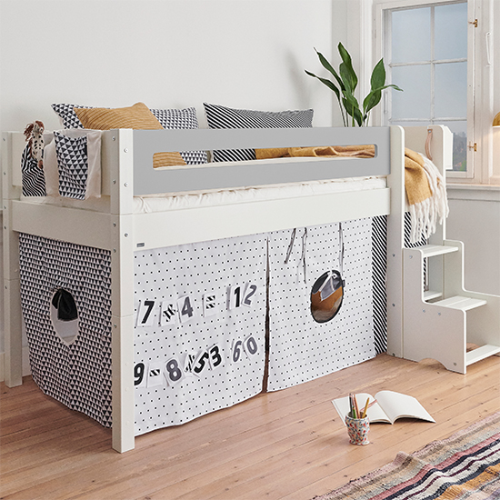 Morden Kids Mid Sleeper Bed In Silver Grey With Numbers Curtain_5