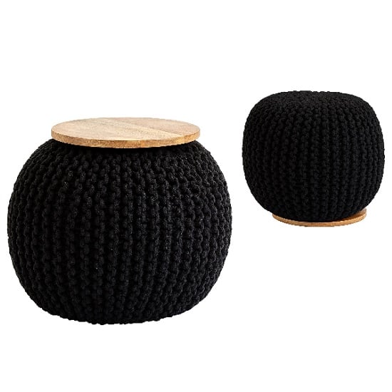 Morgan Woven Pouffe In Black With Wooden Plate