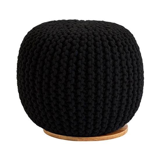 Morgan Round Woven Pouffe With Wooden Plate In Black