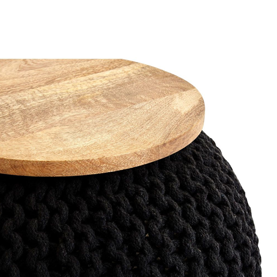 Morgan Round Woven Pouffe With Wooden Plate In Black