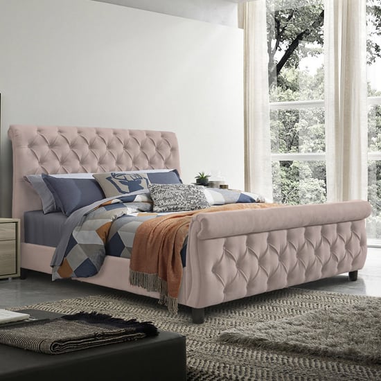 Photo of Morvey velvet fabric ottoman double bed in blush pink