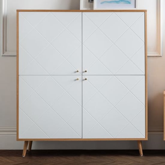 Product photograph of Madra Wooden Highboard In White And Oak Effect With 4 Doors from Furniture in Fashion