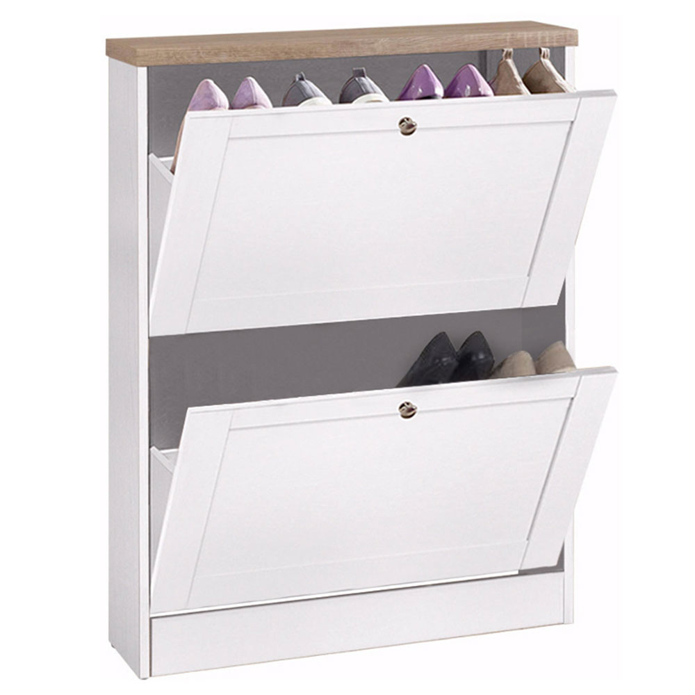 Morland Wooden Shoe Storage Cabinet with 2 Flap Doors in White and Oak