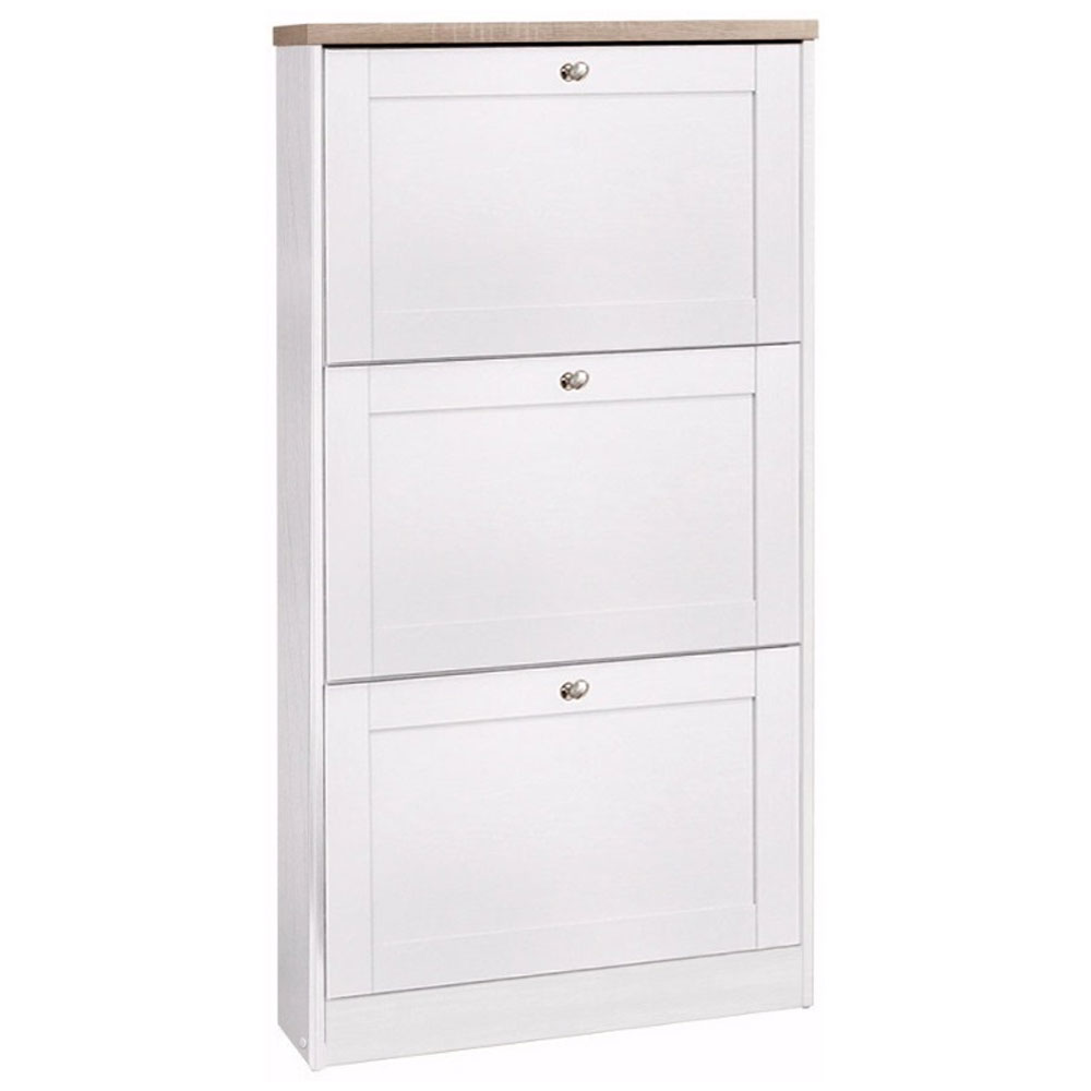 Morland Wooden Shoe Storage Cabinet with 3 Flap Doors in White and Oak
