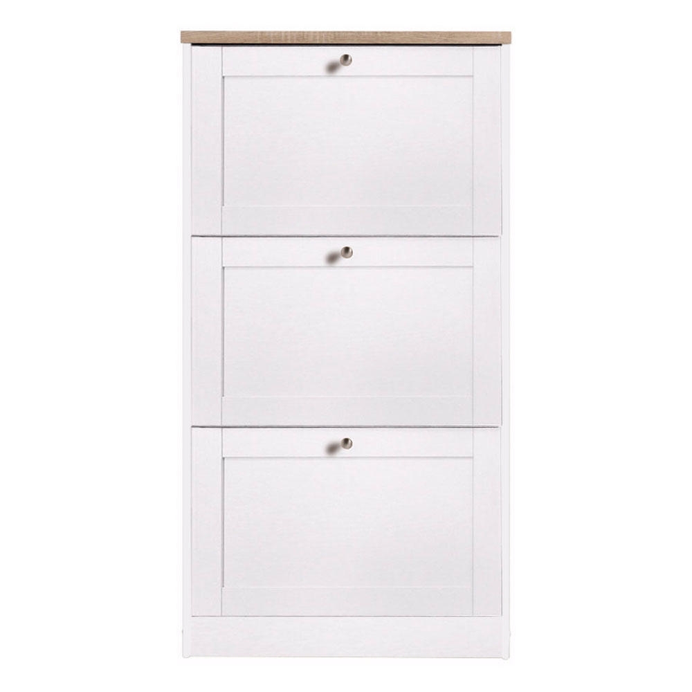 Morland Wooden Shoe Storage Cabinet with 3 Flap Doors in White and Oak