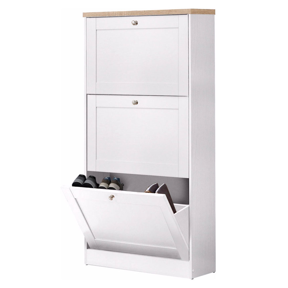 Morland Wooden Shoe Storage Cabinet with 3 Flap Doors in White and Oak