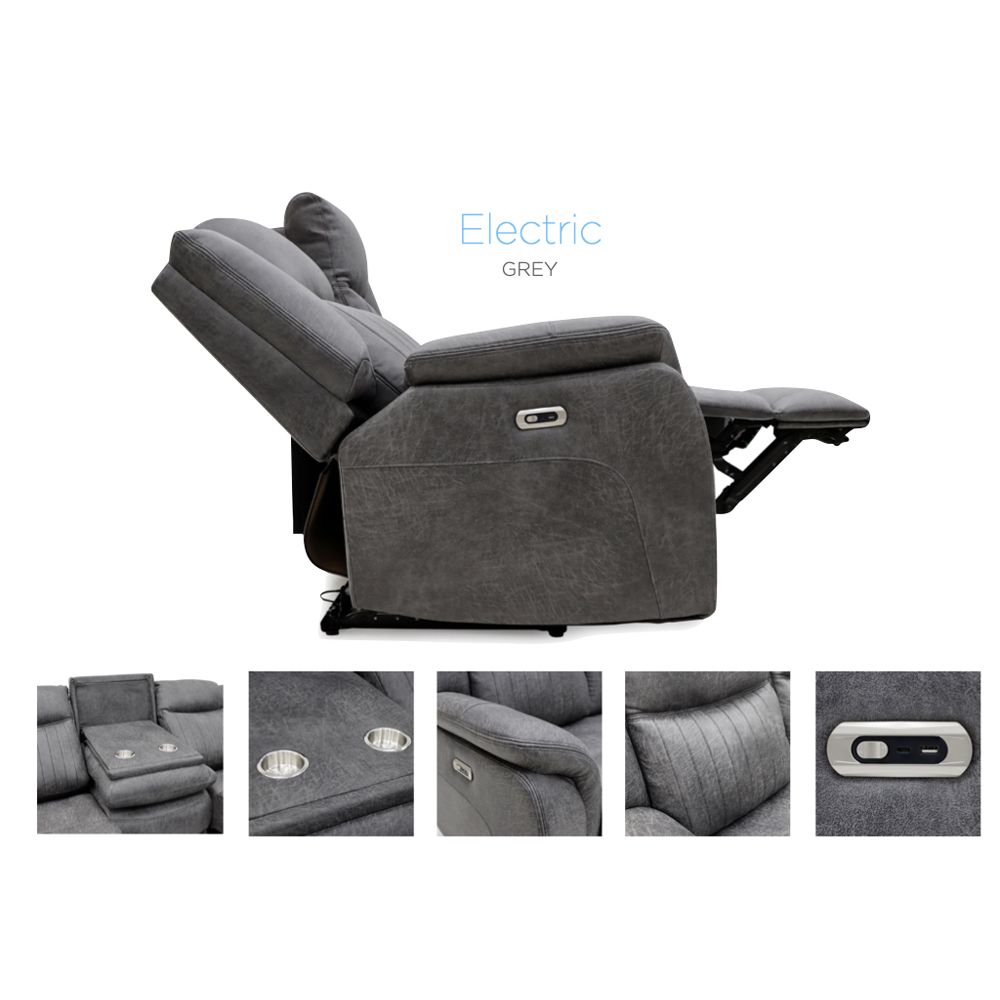 Morlix Fabric Electric Recliner 3 Seater Sofa with Console in Grey
