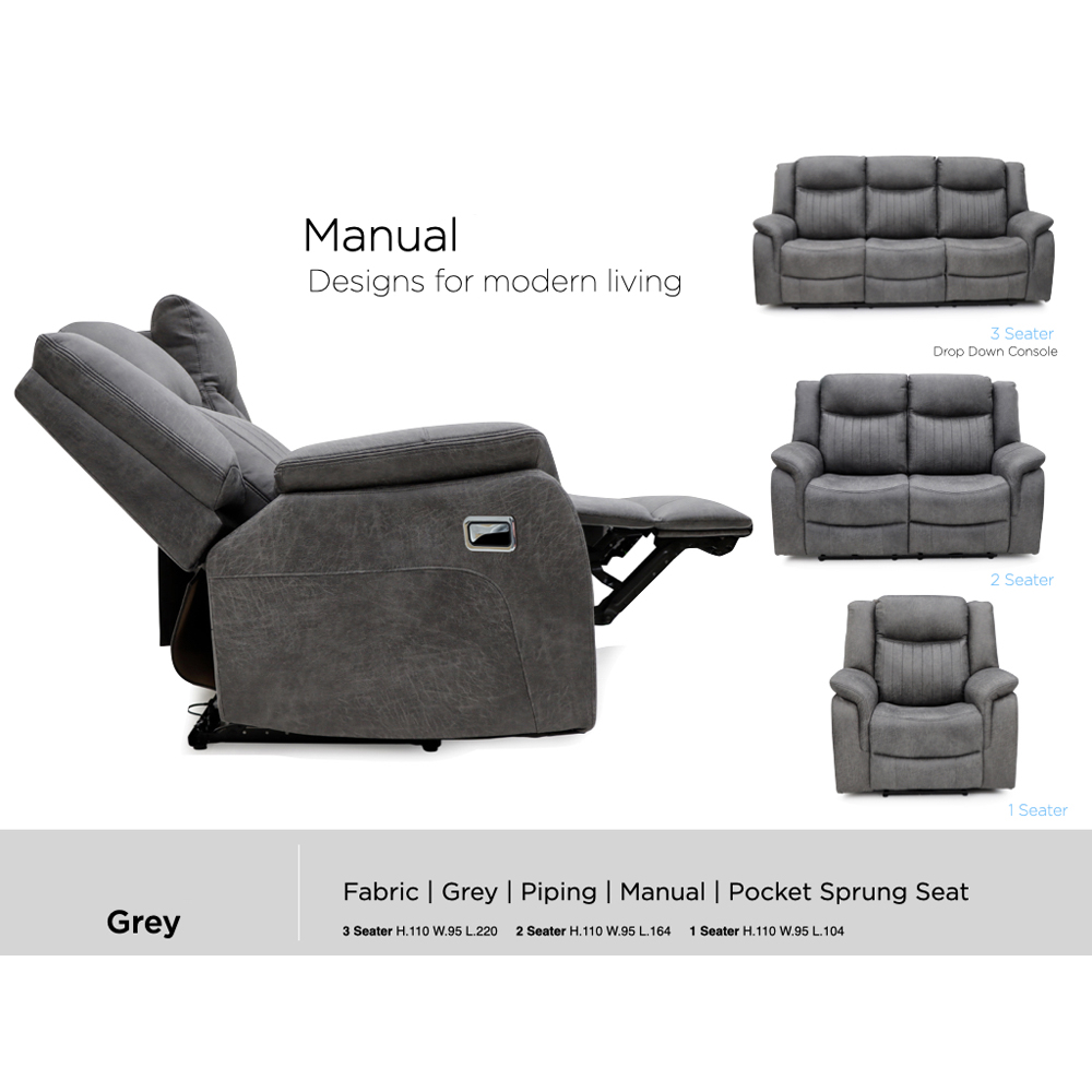 Morlix Fabric Manual Recliner 3 Seater Sofa with Console in Grey