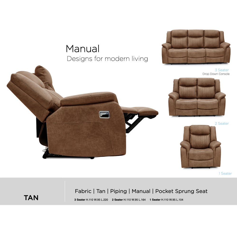 Morlix Fabric Manual Recliner 3 Seater Sofa with Console in Tan