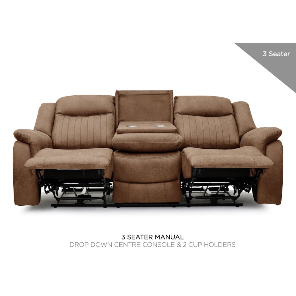 Morlix Fabric Manual Recliner 3 Seater Sofa with Console in Tan