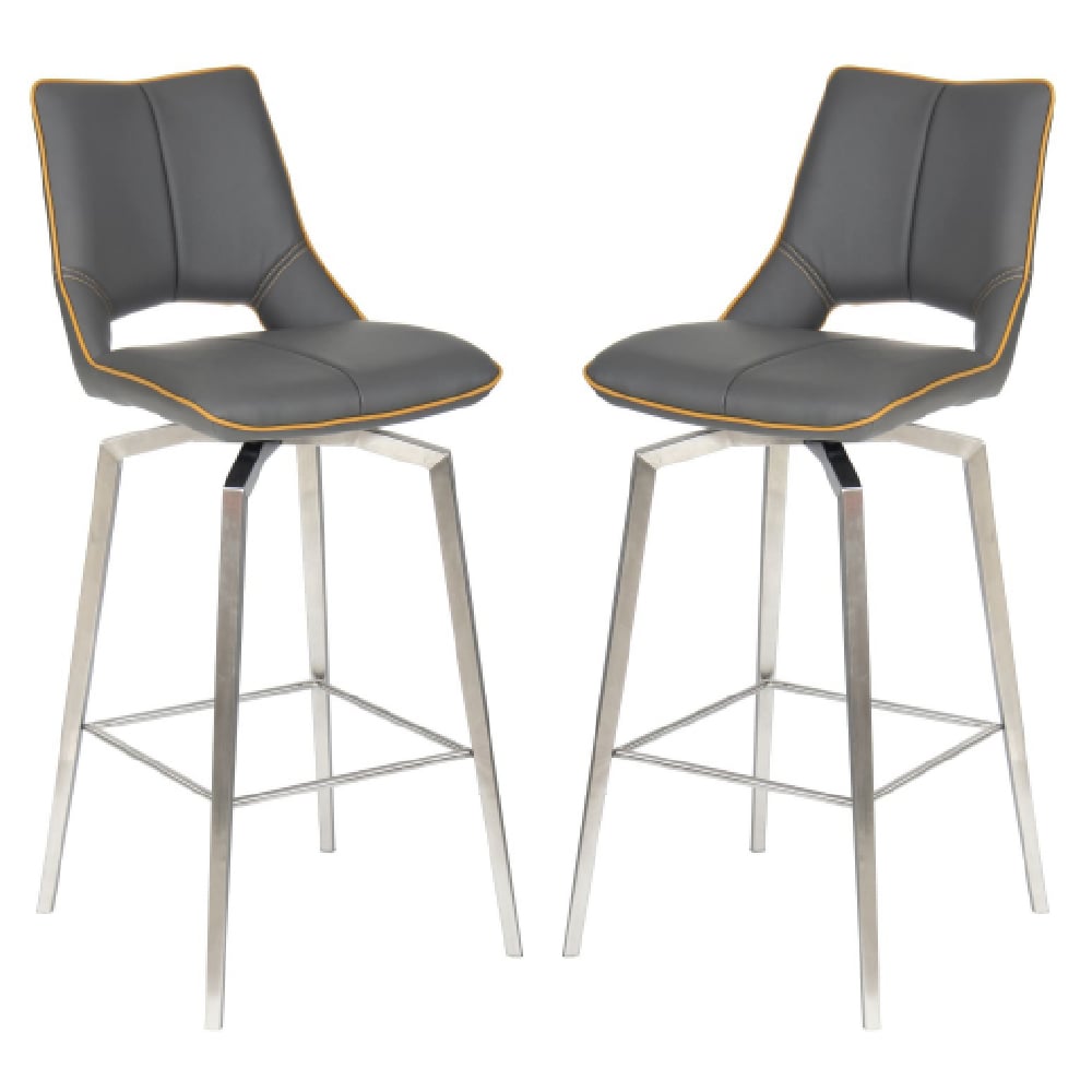 Read more about Mosul graphite grey leather bar chairs with steel legs in pair