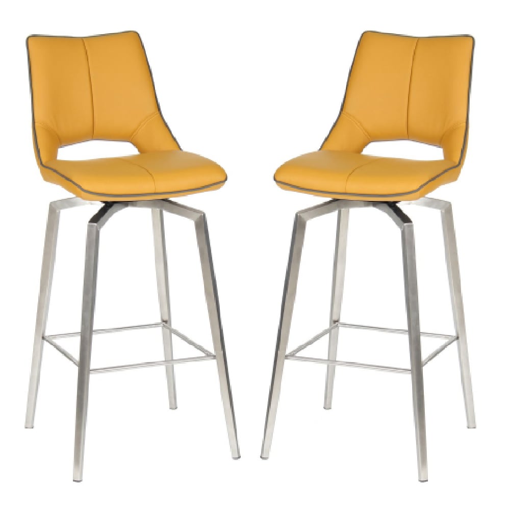 Read more about Mosul yellow leather bar chairs with steel legs in pair
