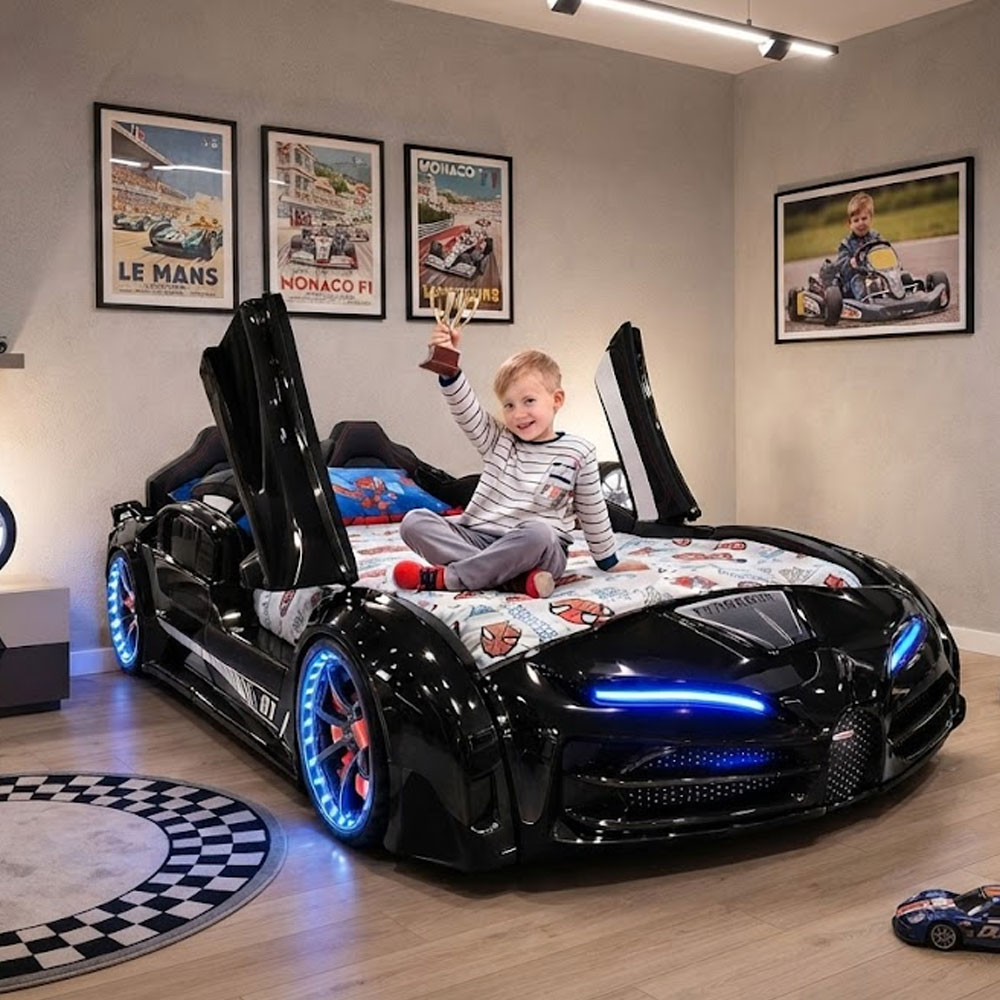 Motori Black ABS Bugatti Children Car Bed with Leather Seat and LED
