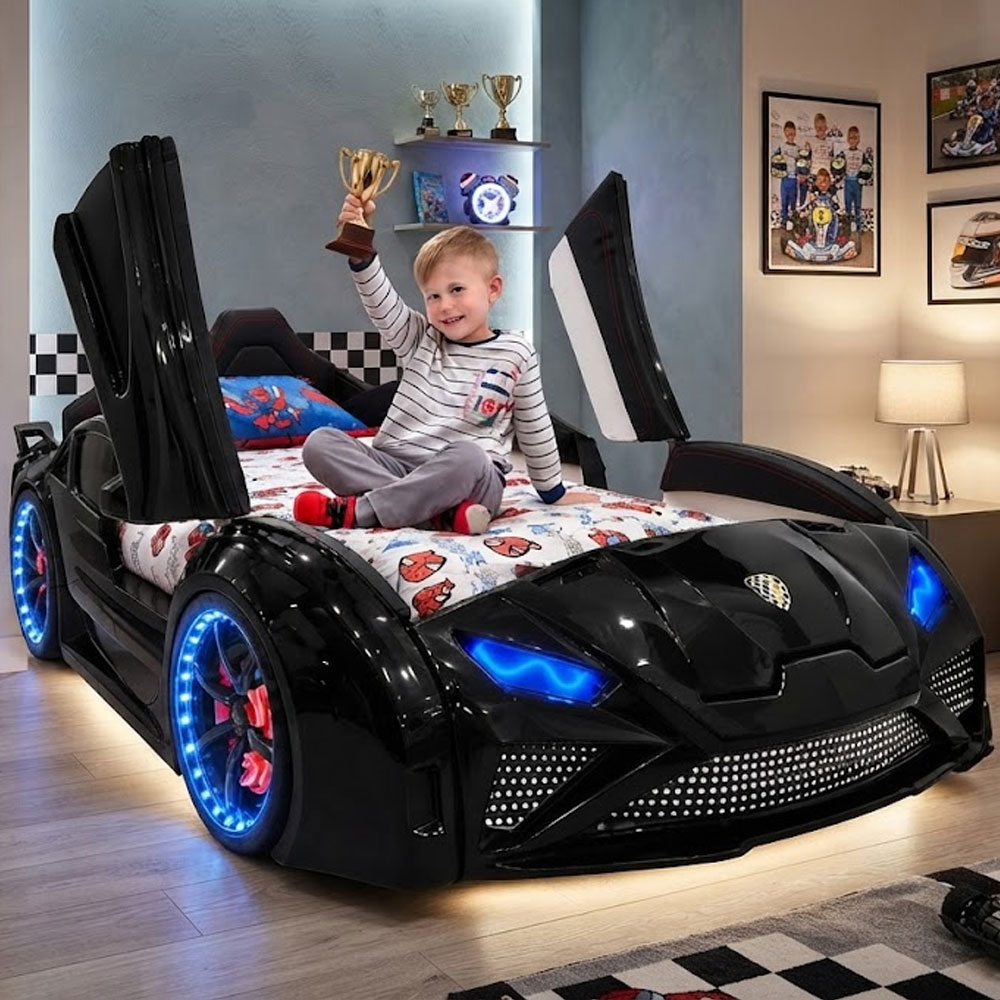 Motori Black ABS Lamborghini Children Car Bed with Leather Seat and LED