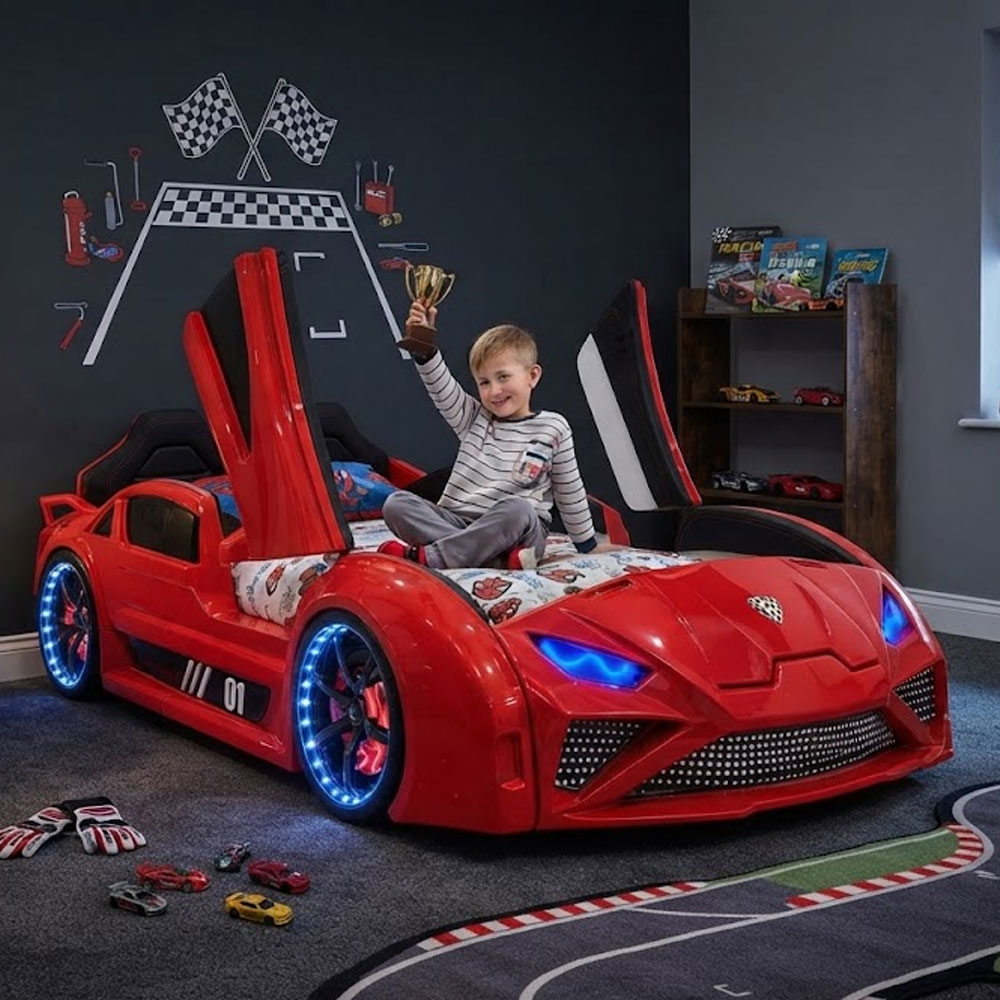 Motori Red ABS Lamborghini Children Car Bed with Leather Seat and LED