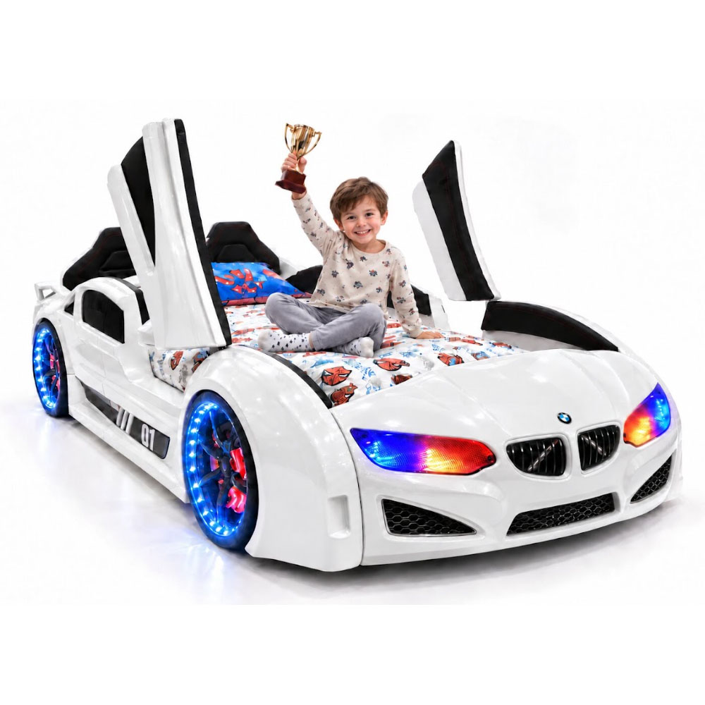 Motori White ABS BMW Children Car Bed with Leather Seat and LED