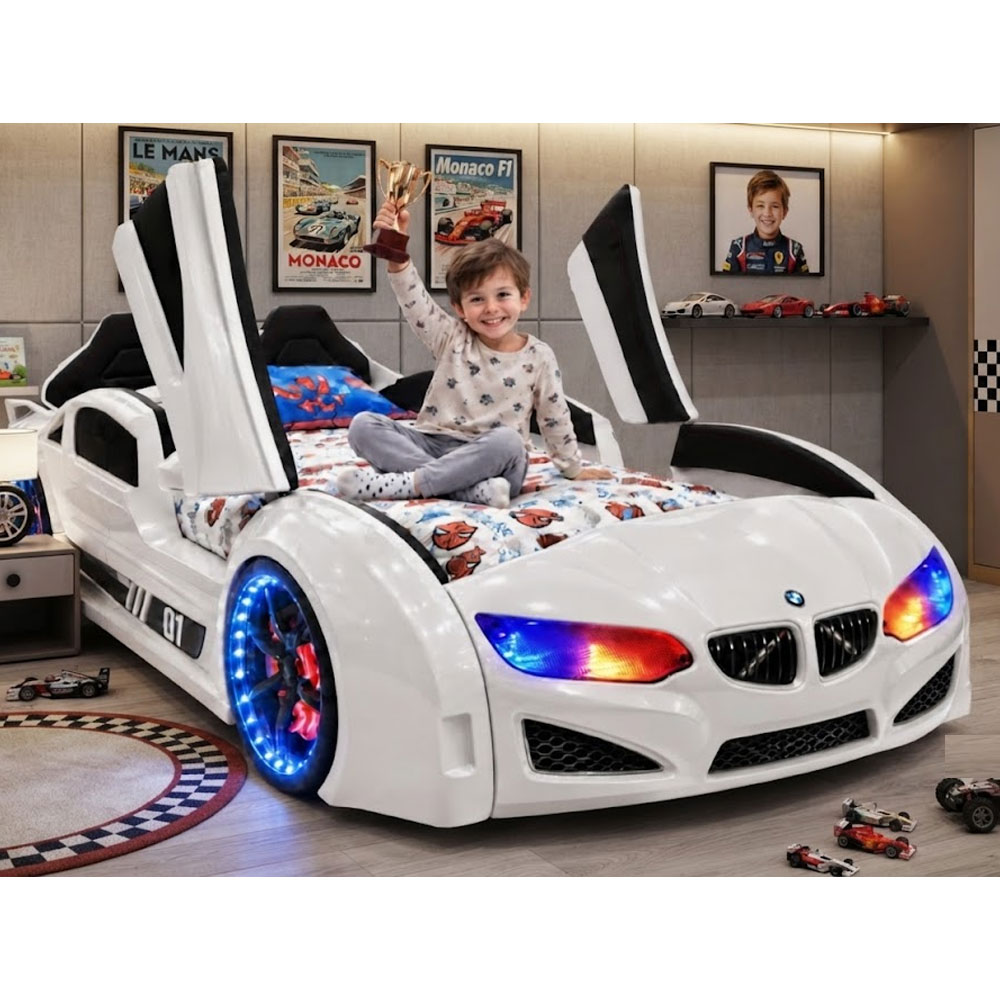 Motori White ABS BMW Children Car Bed with Leather Seat and LED