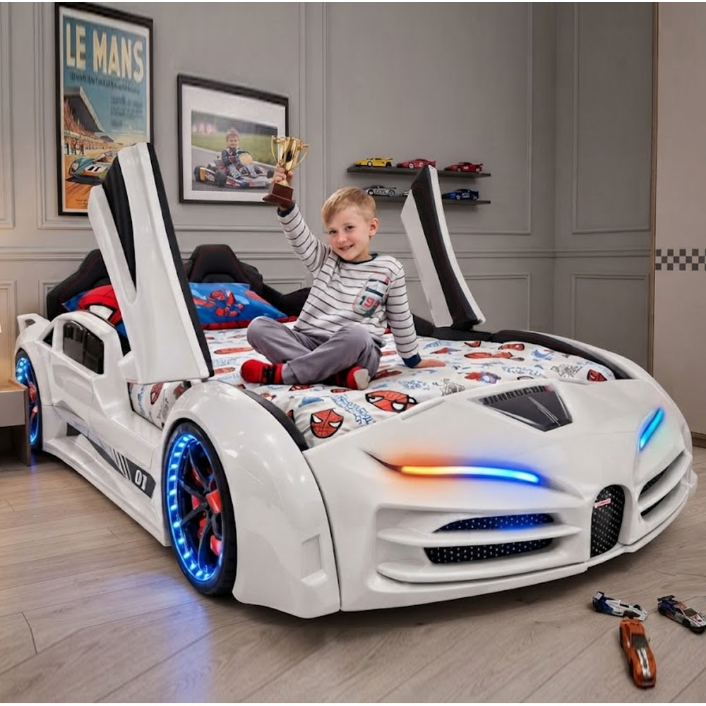 Motori White ABS Bugatti Children Car Bed with Leather Seat and LED