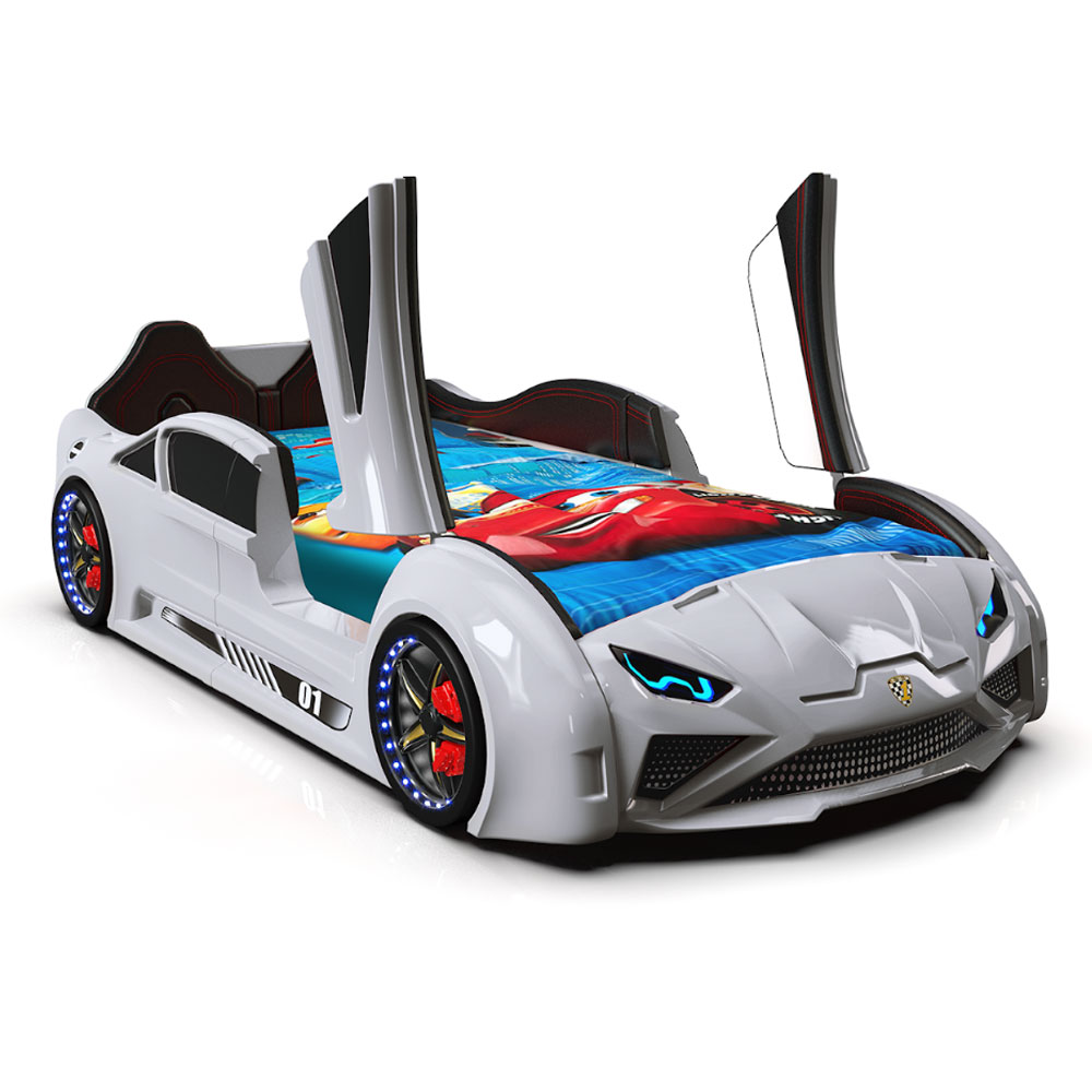 Motori White ABS Lamborghini Children Car Bed with Leather Seat and LED
