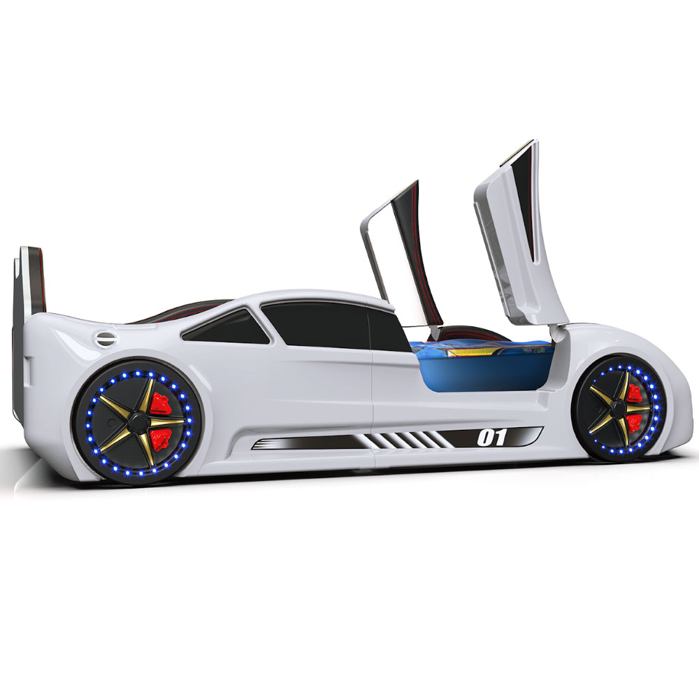 Motori White ABS Lamborghini Children Car Bed with Leather Seat and LED