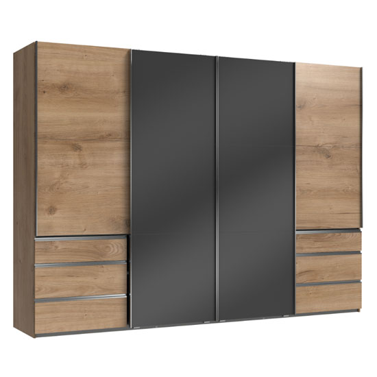 Read more about Moyd mirrored sliding wardrobe in grey and planked oak 4 doors