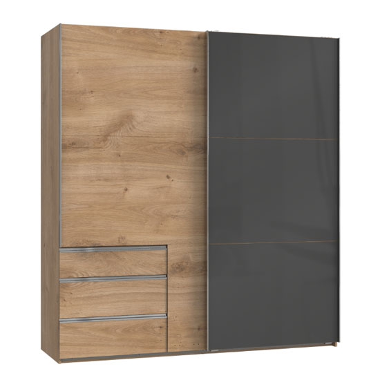 Read more about Moyd mirrored sliding wardrobe in grey and planked oak