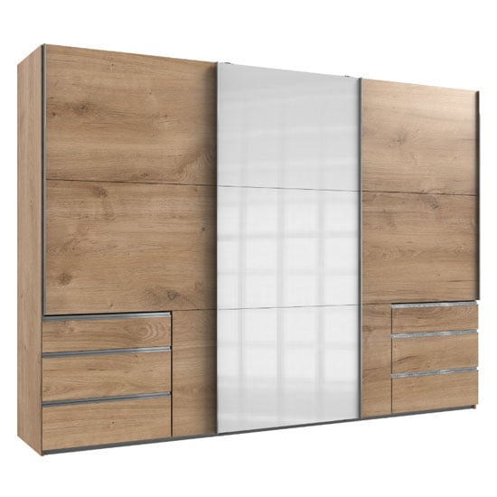 Read more about Moyd mirrored sliding wardrobe in white and planked oak 3 doors