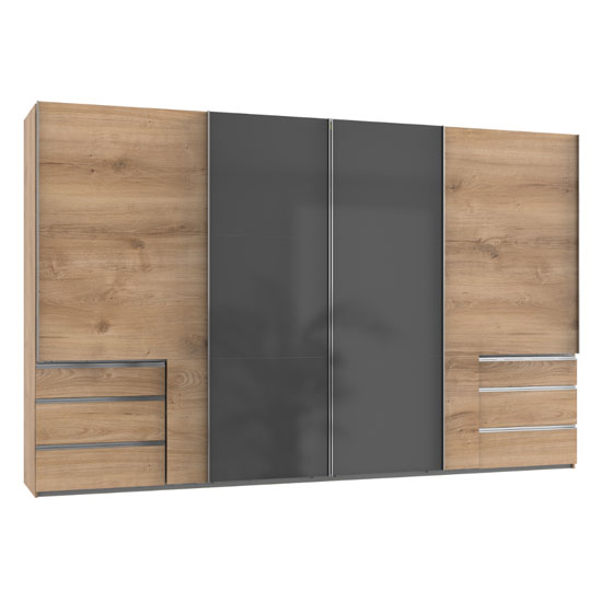 Product photograph of Moyd Mirrored Sliding Wide Wardrobe In Grey Planked Oak 4 Doors from Furniture in Fashion