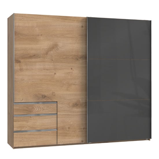 Read more about Moyd mirrored sliding wide wardrobe in grey and planked oak