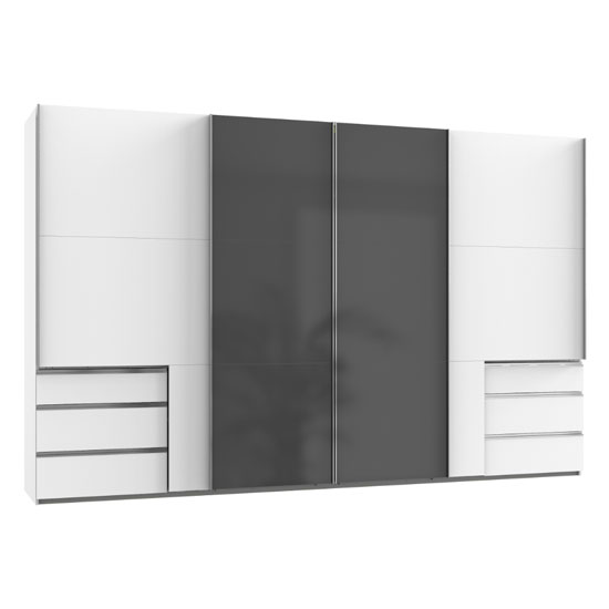 Read more about Moyd mirrored sliding wide wardrobe in grey white 4 doors