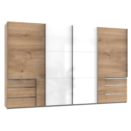 Product photograph of Moyd Mirrored Sliding Wide Wardrobe In White Planked Oak 4 Doors from Furniture in Fashion