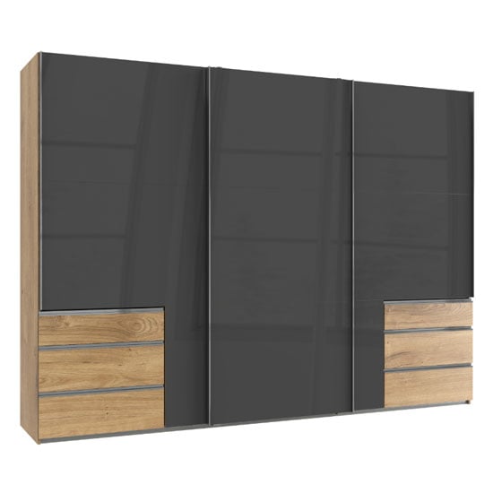 Read more about Moyd wooden sliding wardrobe in grey and planked oak 3 doors