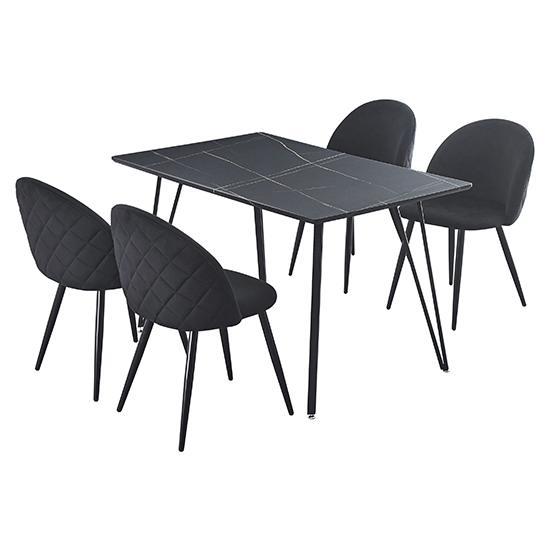 Read more about Muirkirk black marble effect dining table 4 black velvet chairs