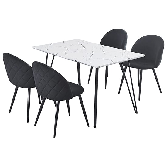 Read more about Muirkirk white marble effect dining table 4 black velvet chairs