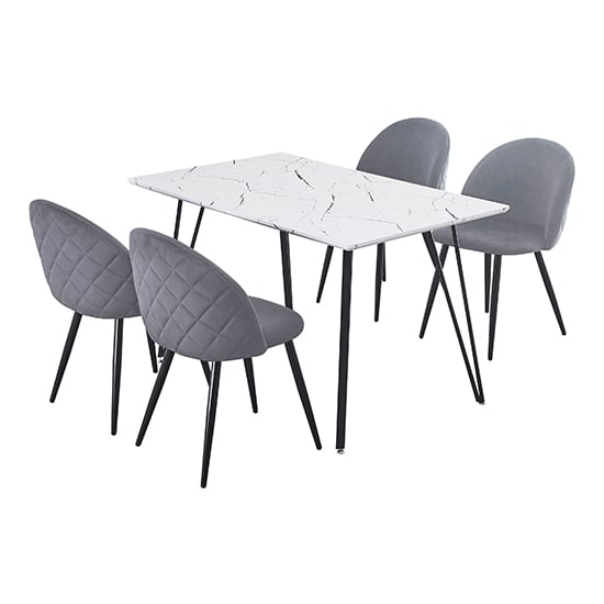 Product photograph of Muirkirk White Marble Effect Dining Table 4 Grey Velvet Chairs from Furniture in Fashion